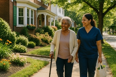 caretaker helping woman walk home