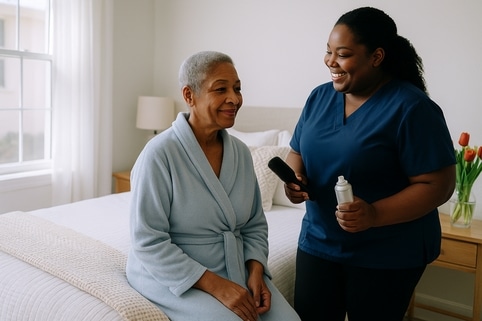 care provider helping brush an older woman's hair