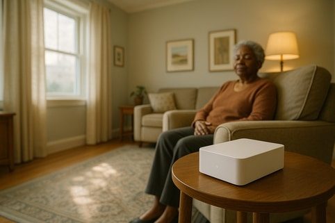 elder woman sits calmly with AI virtual monitoring nearby