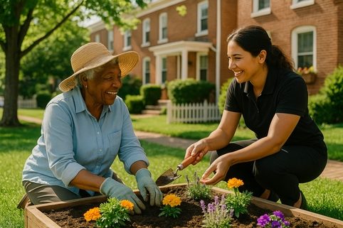 independence support care provider helping with flowers