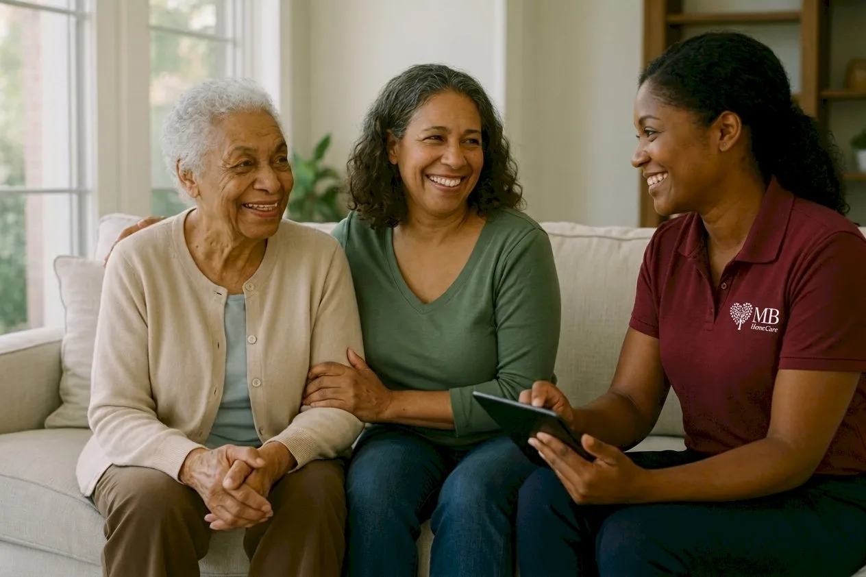 An MB HomeCare caregiver in maroon scrubs sharing a digital tablet with an older adult woman and a family member on a sofa in a bright living room.