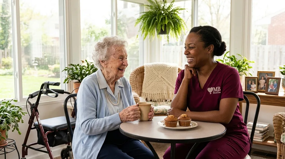 A smiling MB HomeCare caregiver in maroon scrubs shares coffee and muffins with a laughing senior woman in a sunroom at home.